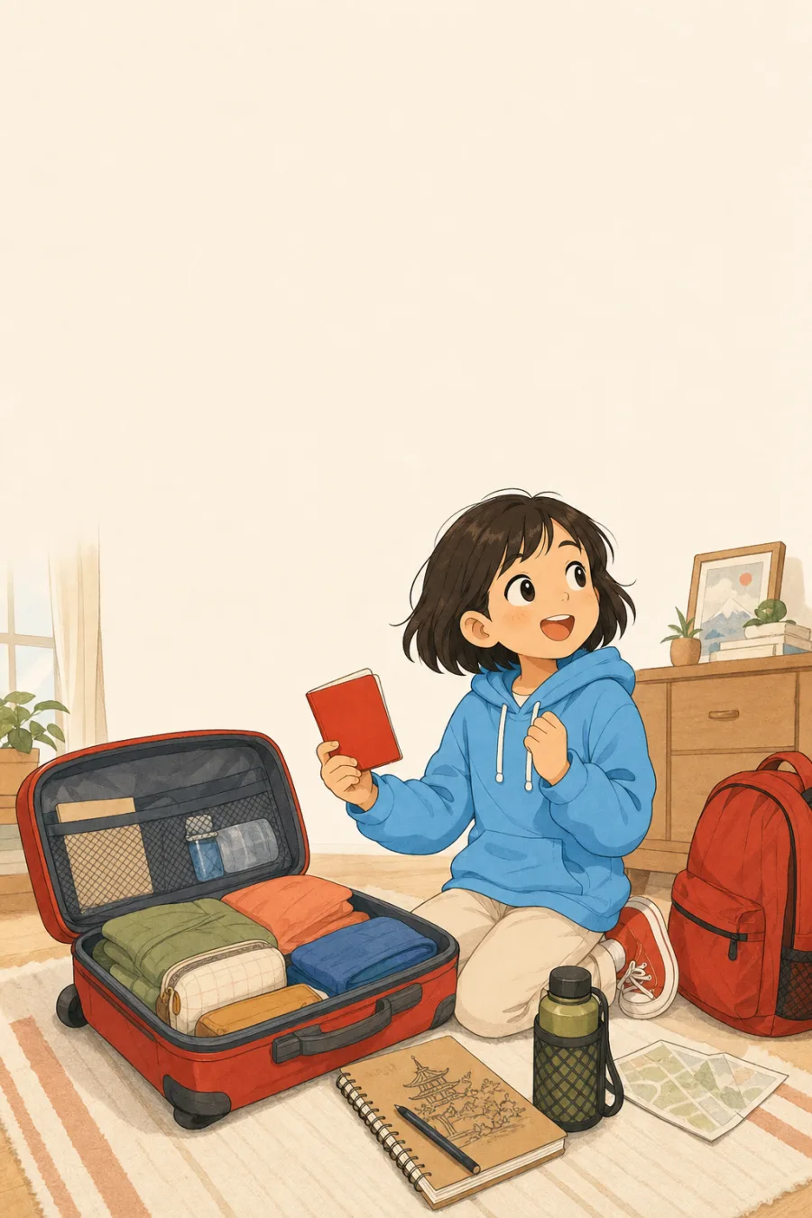 A child packing for a trip to Japan with her quest passport