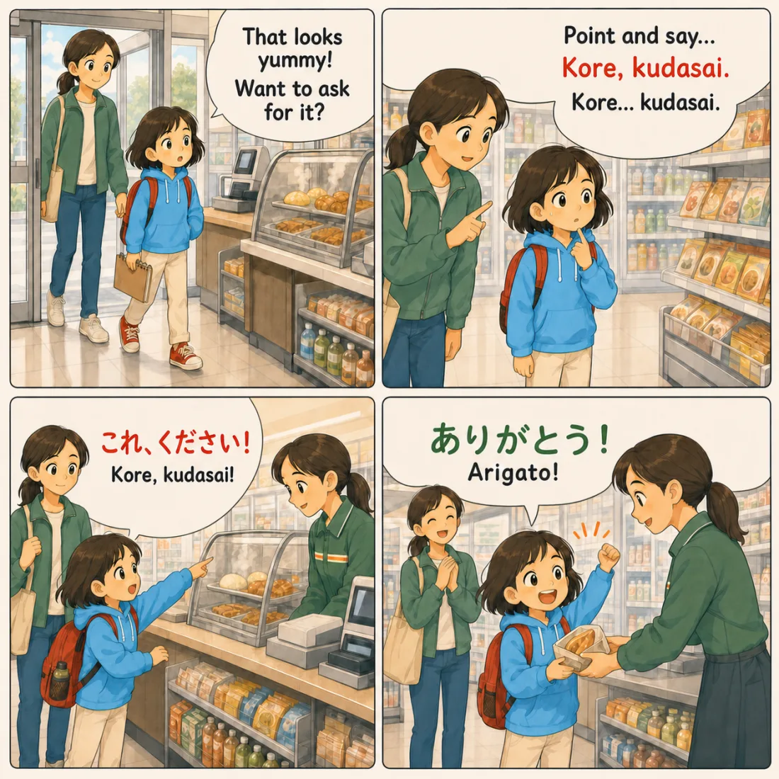 Four-panel comic: buying a snack at a Japanese konbini