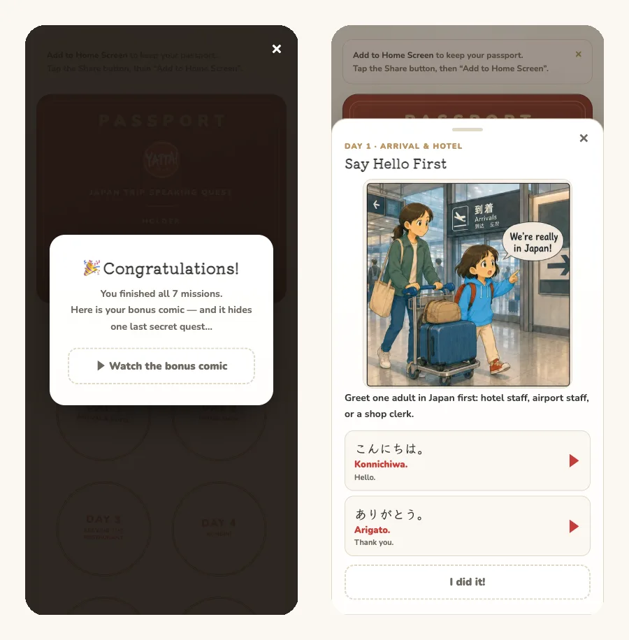 Digital Mission Passport on a phone: congratulations screen with bonus comic, and a mission with phrase audio