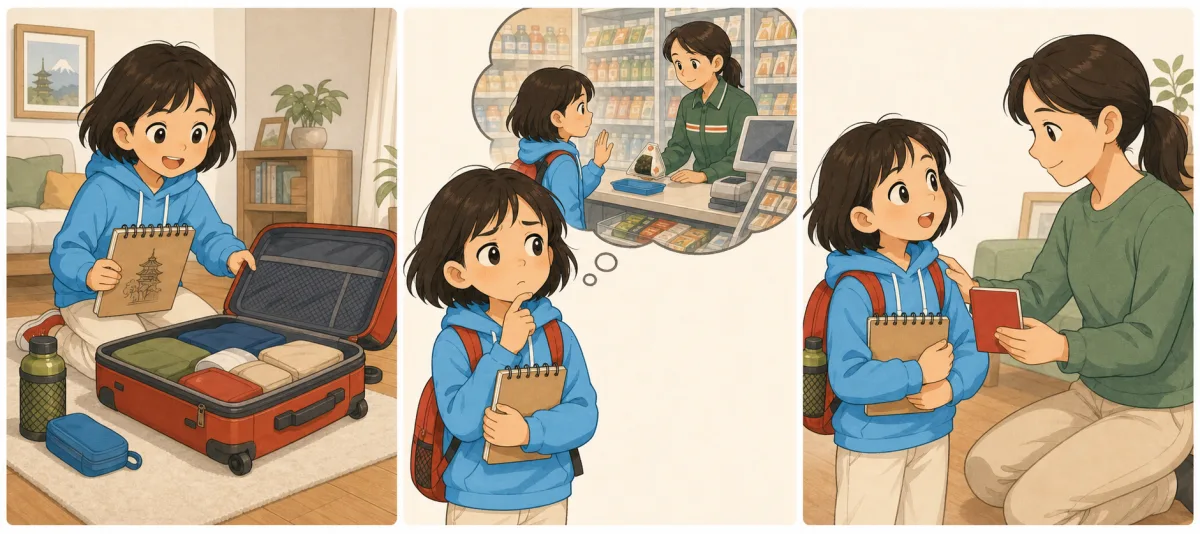 Comic panels: Maya prepares for her trip to Japan